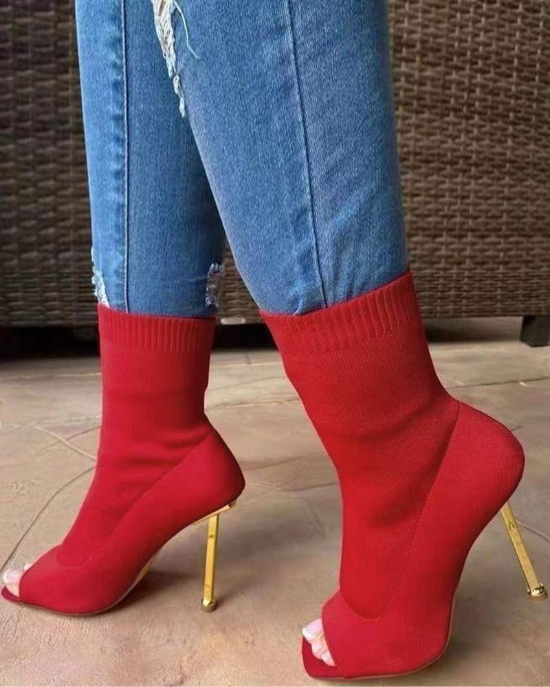 

Peep Toe Stiletto Heel Knit Boots, Red