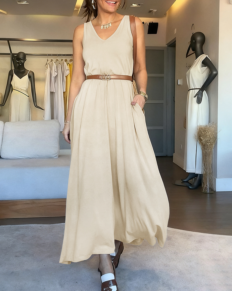 

V-Neck Sleeveless Minimalist Versatile Dress Casual Front & Back Reversible Loose Fit Maxi Dress, Apricot