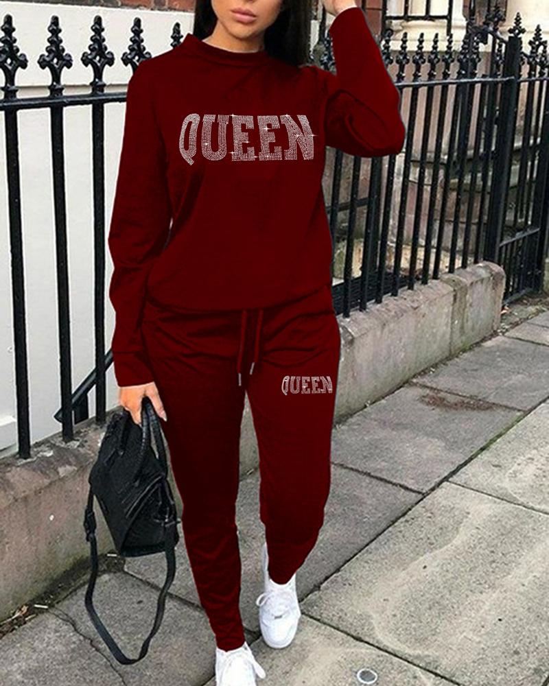 

Plus Size Rhinestone Letter Pattern Sweatshirt & Drawstring Pants Set, Wine red