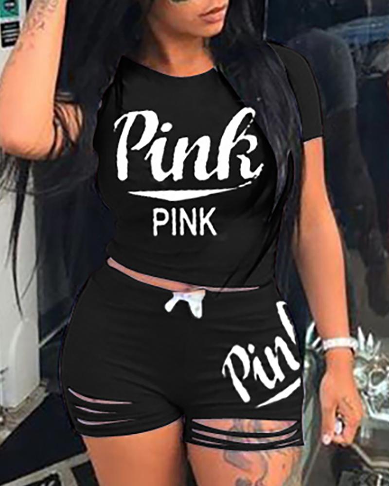 

Letter Print Short Sleeve Top & Drawstring Cutout Shorts Set, Black
