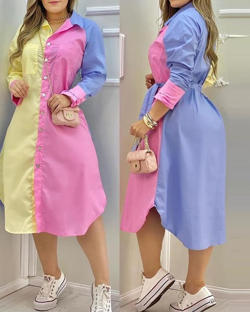 

Button Front Colorblock Pocket Design Shirt Dress, Blue