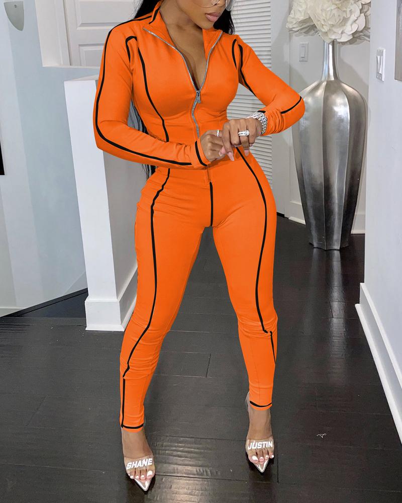 

Contrast Binding Zipper Front Long Sleeve Jumpsuit, Orange