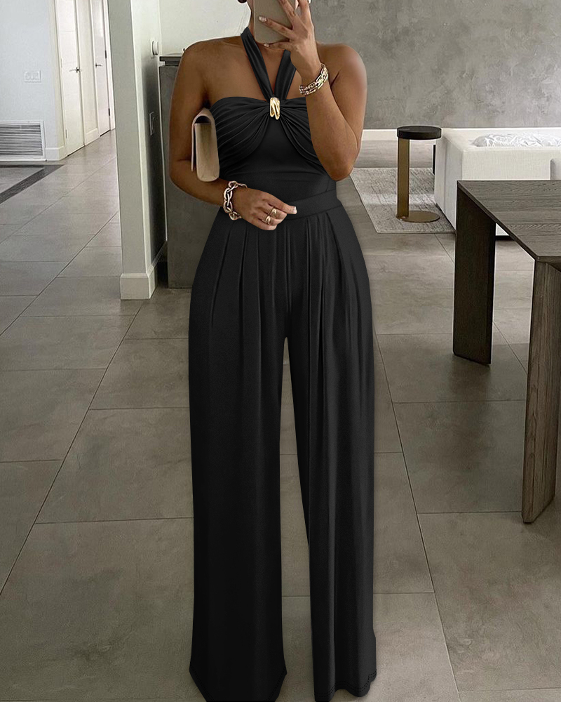 

Macacão casual com pregas e pernas largas, com detalhe amarrado e decoração de metal, Black