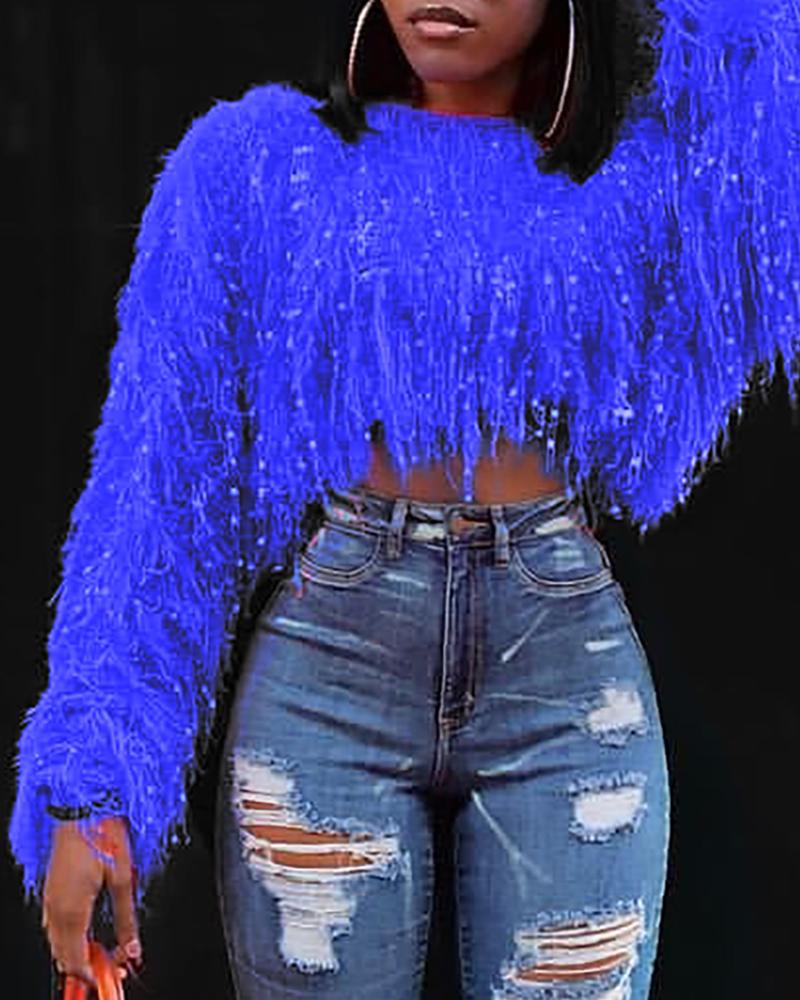 

Solid Round Neck Fringed Fluffy Crop Sweater, Blue