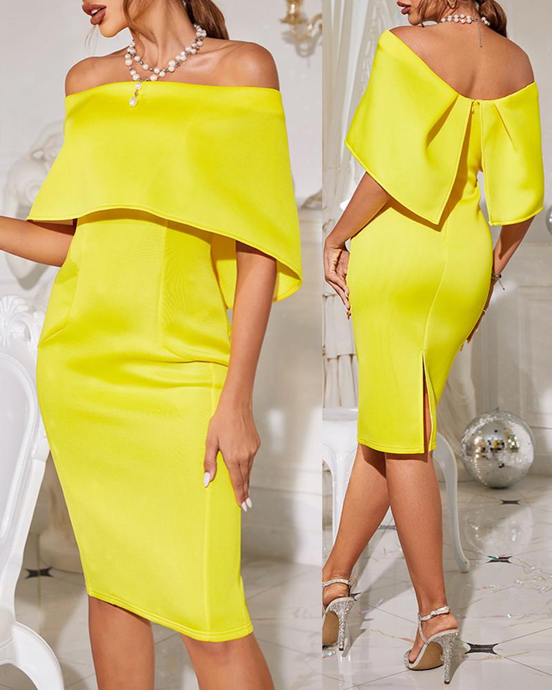 

Off Shoulder Cape Design Skinny Party Dress, Yellow