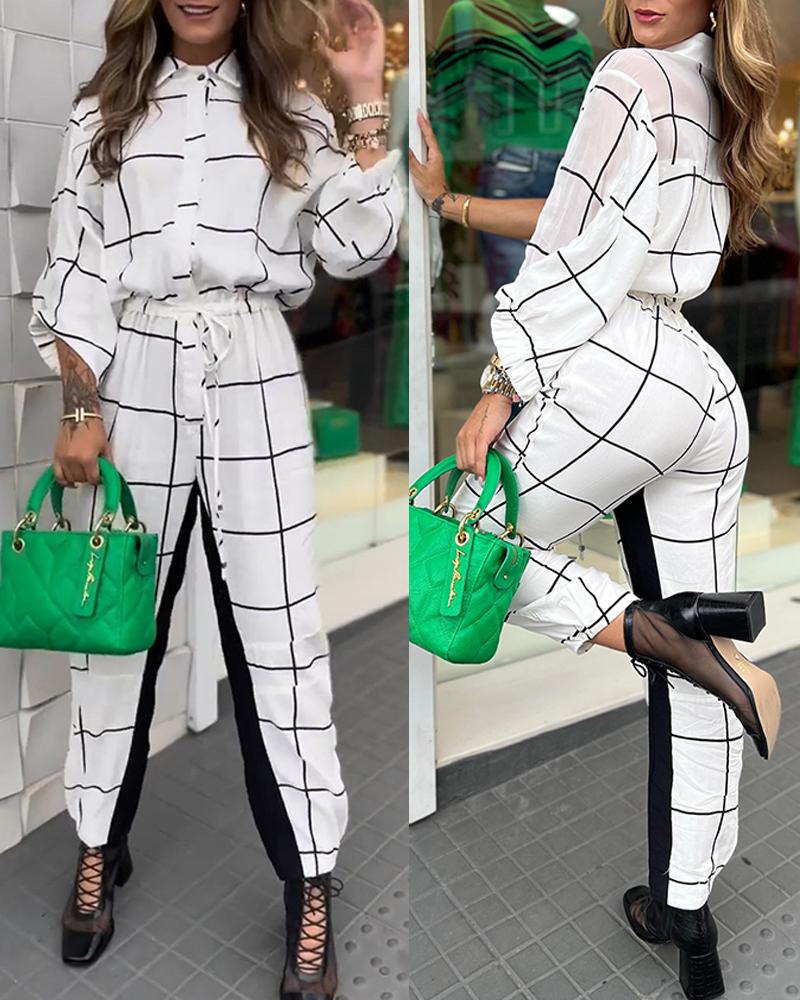 

Plaid Print Shirt & Colorblock Drawstring Pants Set, White