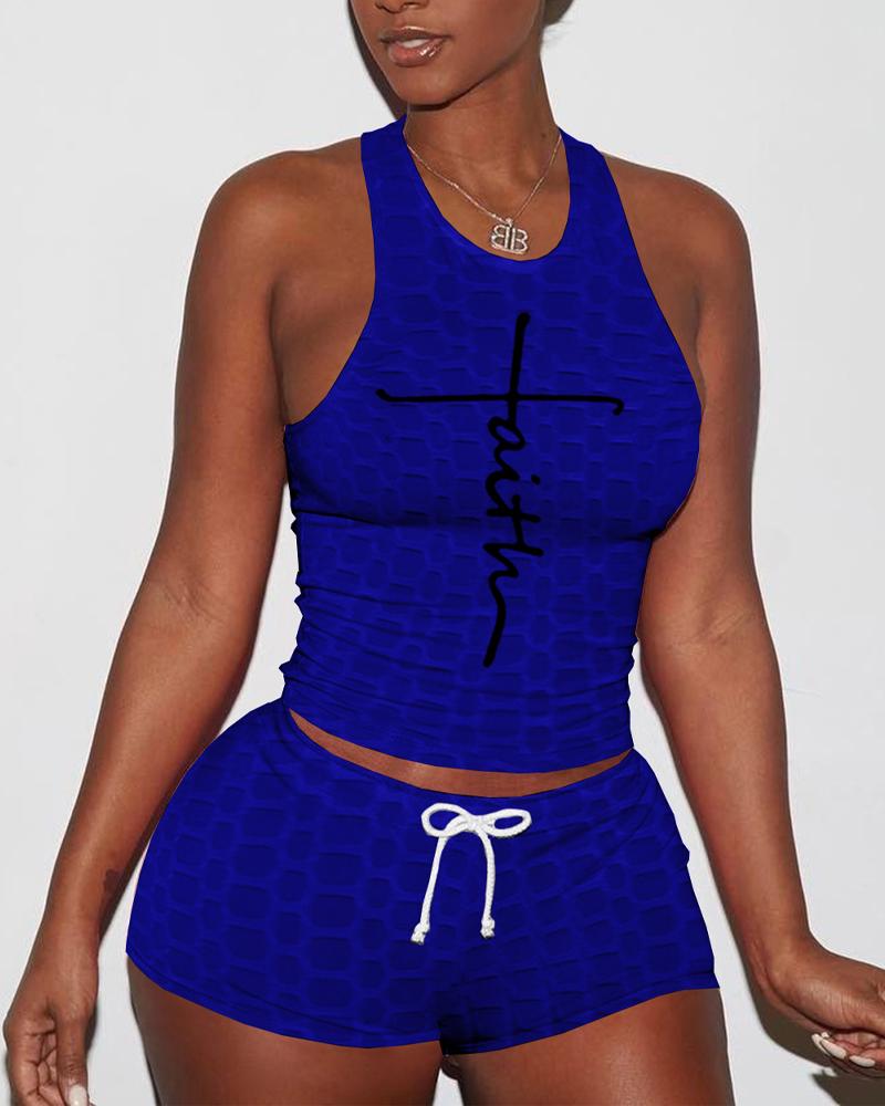 

Letter Print Textured Drawstring Active Set, Blue