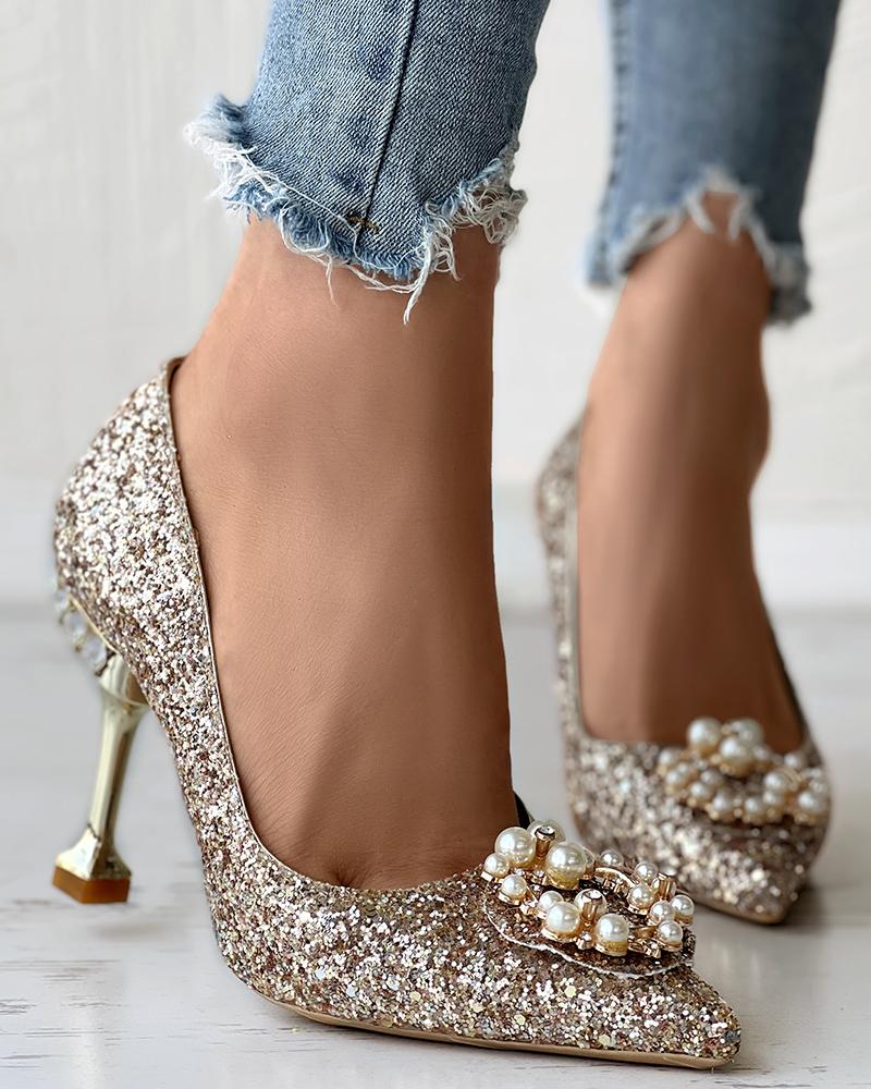 

Pearls Decor Sequins Pyramid Heels Wedding Guest Shoes, Champagne