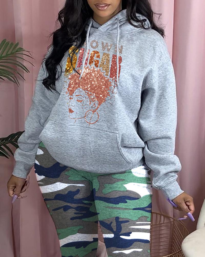 

Plus Size Figure Letter Print Long Sleeve Hoodie, Gray