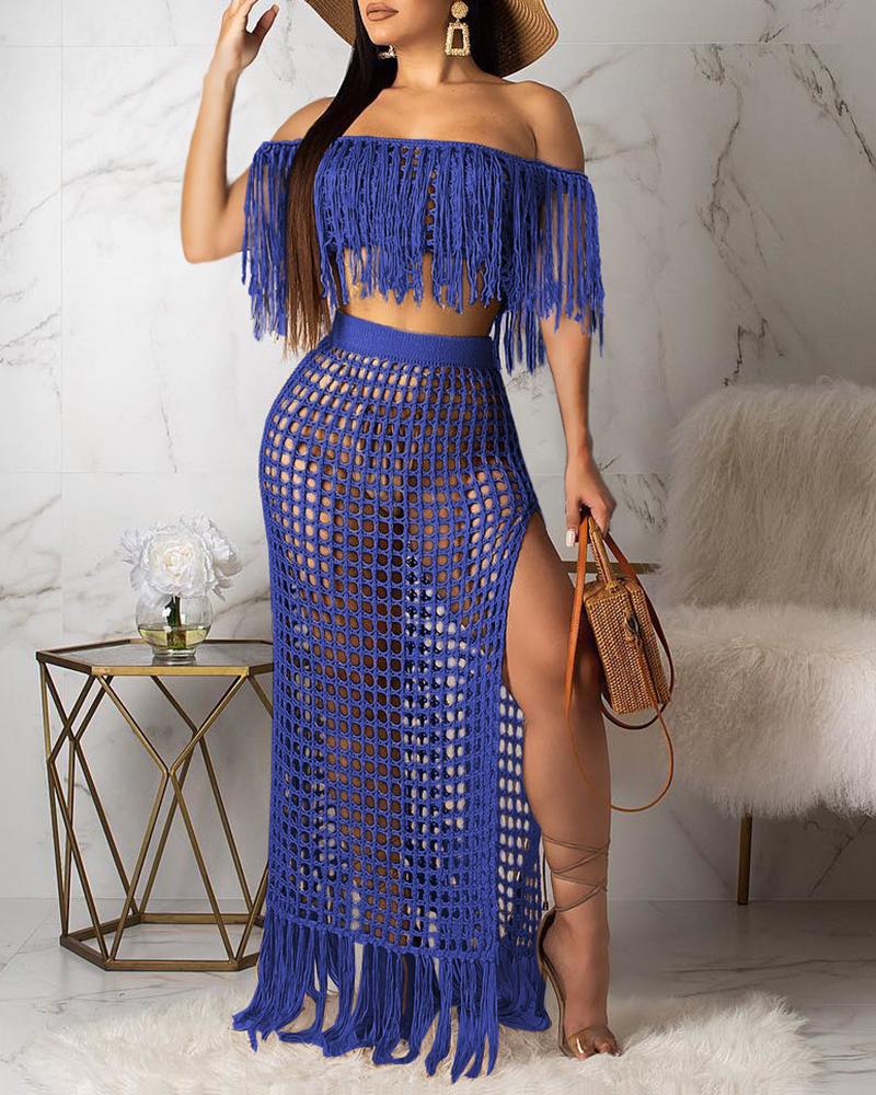 

Short Sleeve Tassels Cover Up, Blue