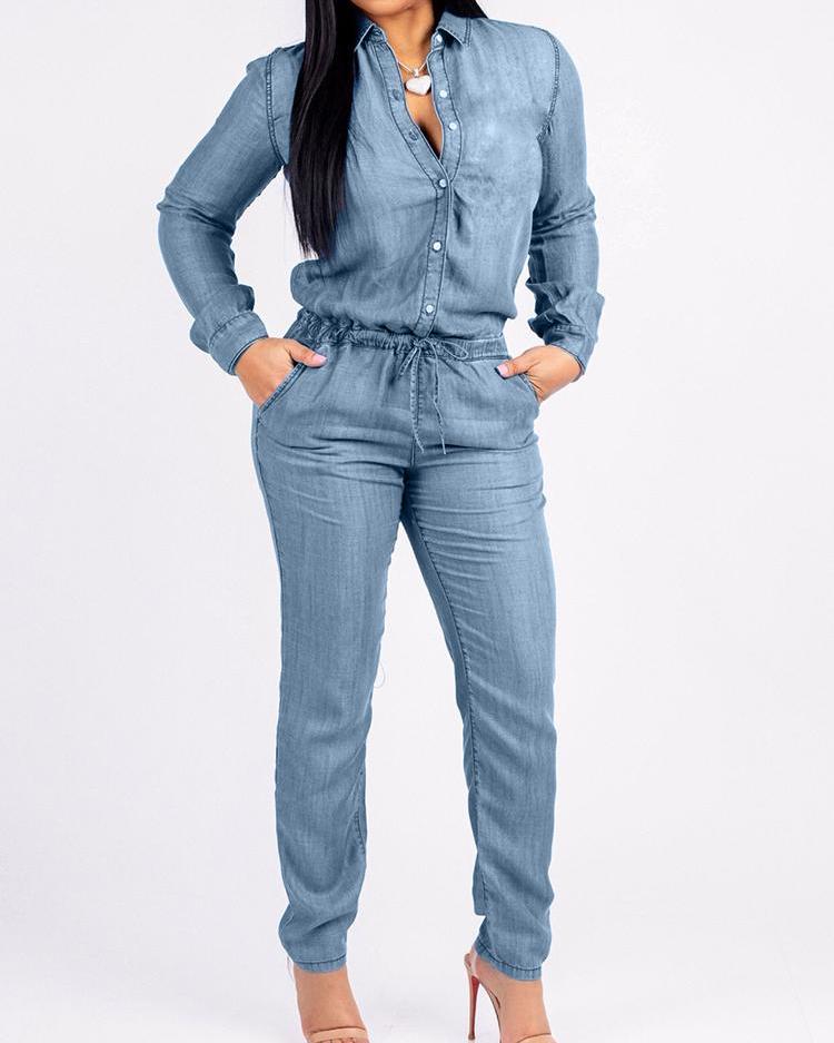 

Pocket Design Drawstring Denim Jumpsuit, Blue