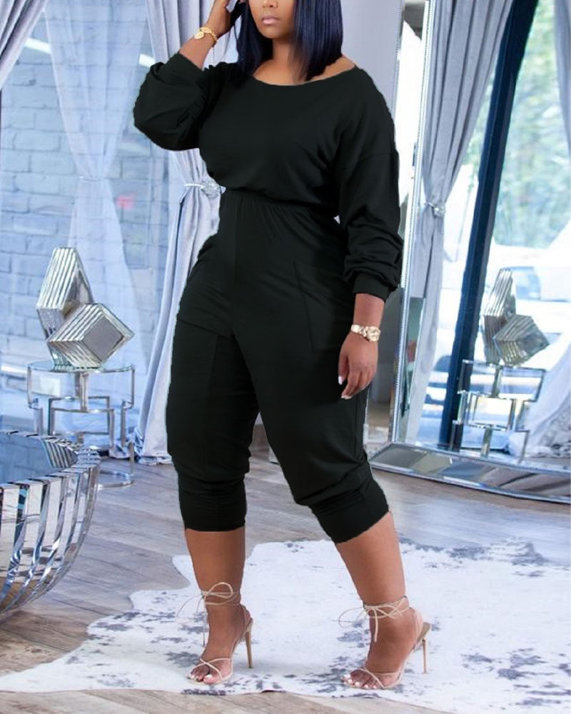 

Long Sleeve Pocket Detail Stacked Jumpsuit, Black
