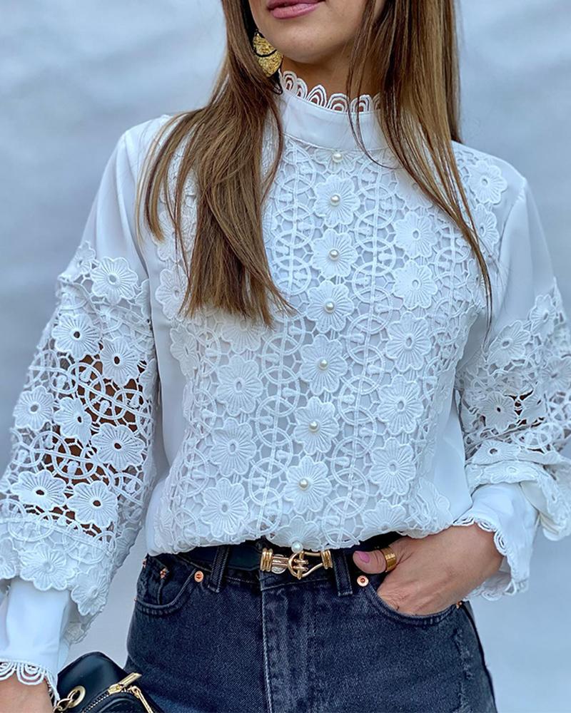

Stand Collar Contrast Lace Top, White