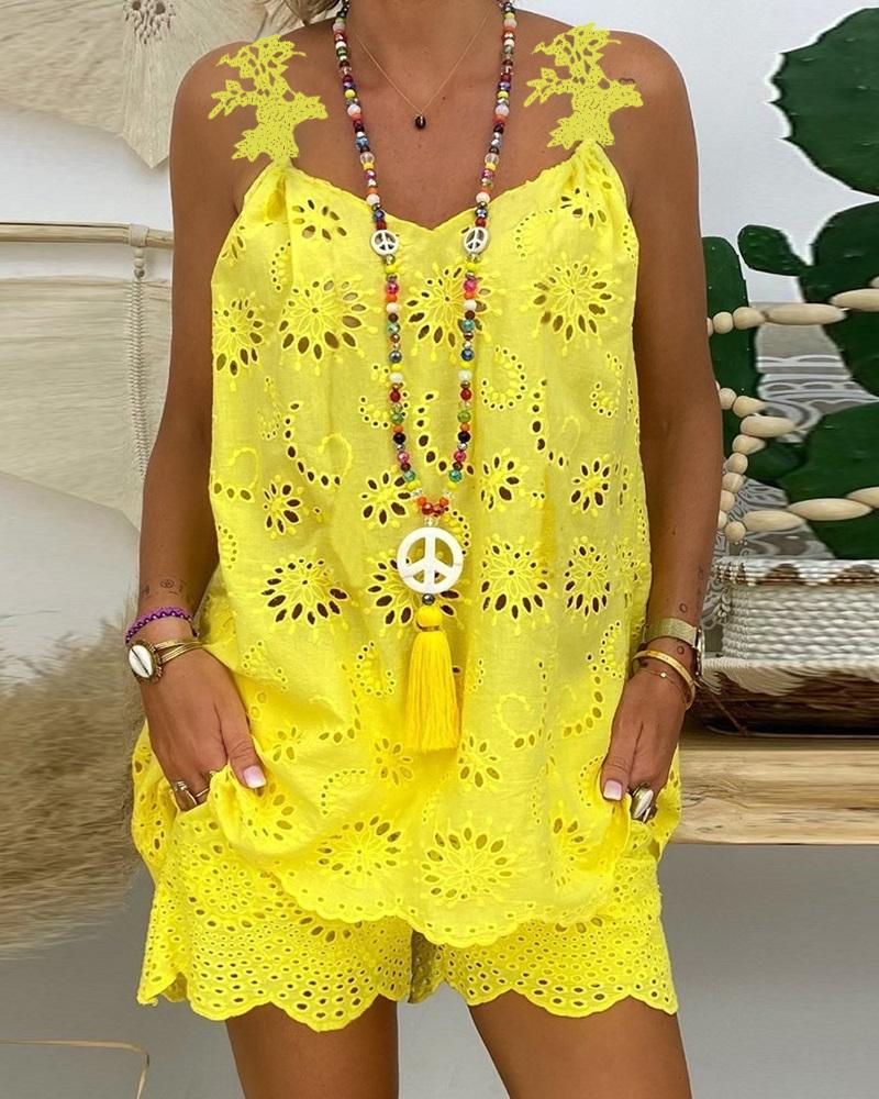 

Eyelet Embroidery Tank Top & Shorts Set, Yellow
