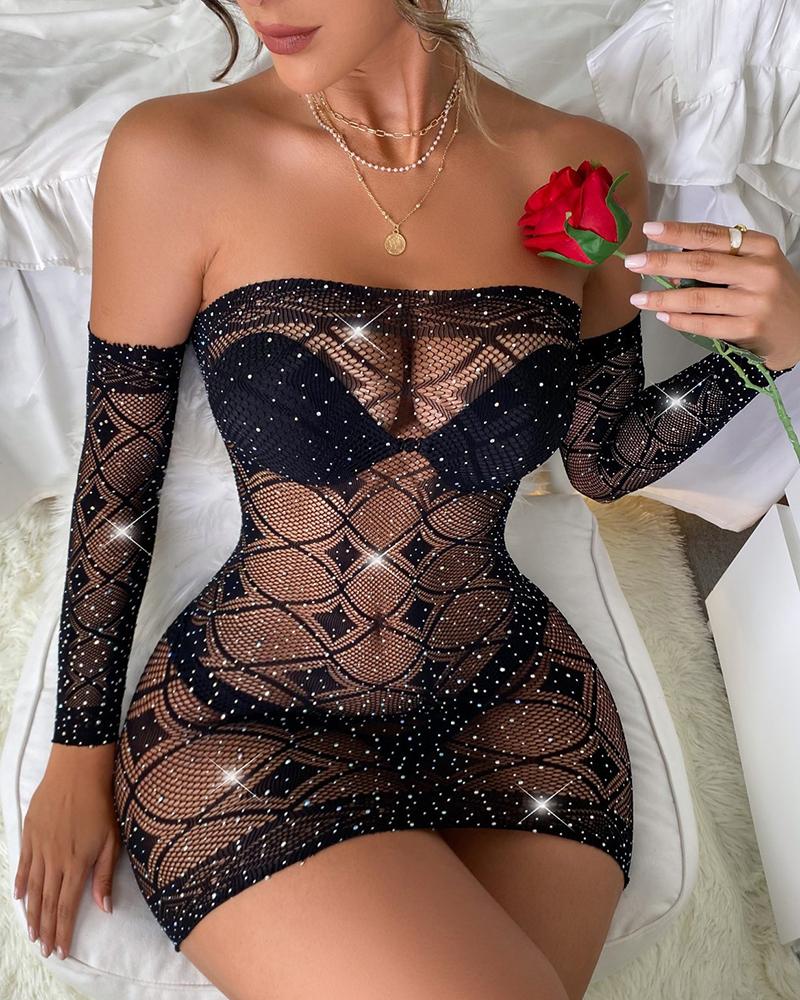 

Geo Pattern Rhinestone Fishnet Bodystocking Dress, Black