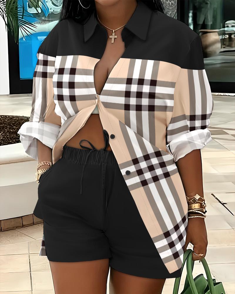 

Plaid Print Colorblock Buttoned Shirt & Shorts Set, Black