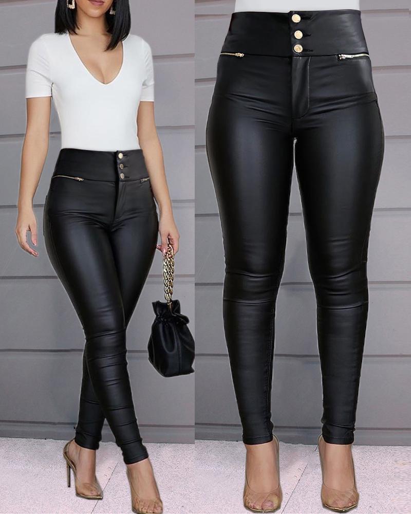 

PU Leather High Waist Zipper Design Pants, Black
