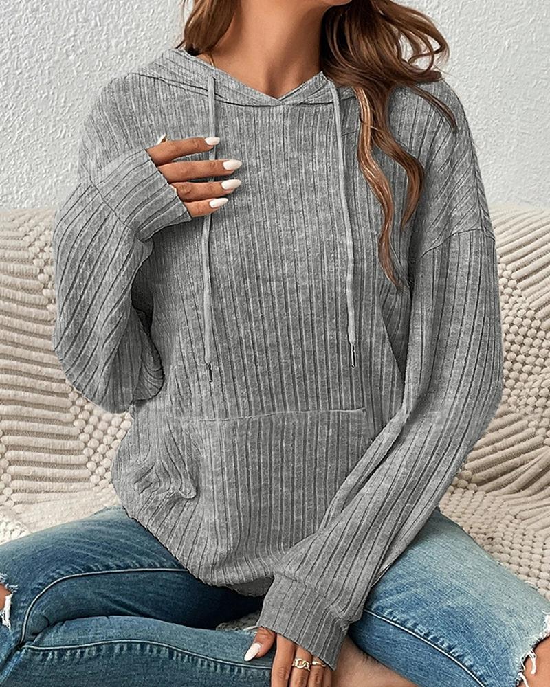 

Drawstring Ribbed Knit Hooded Sweatshirt, Gray