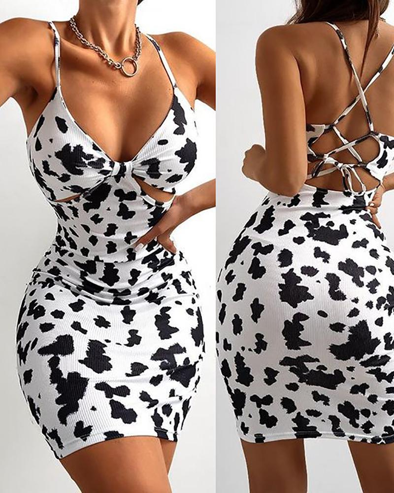 

Lace Up Cow Pattern Print Cutout Bodycon Dress, White