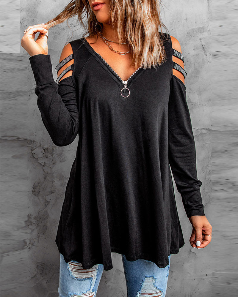 

Rhinestone Decor Zipper Front Cold Shoulder Top, Black