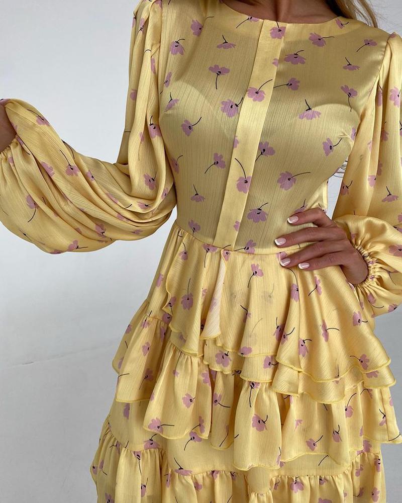 

Floral Print Button Front Layered Lantern Sleeve Dress, Yellow
