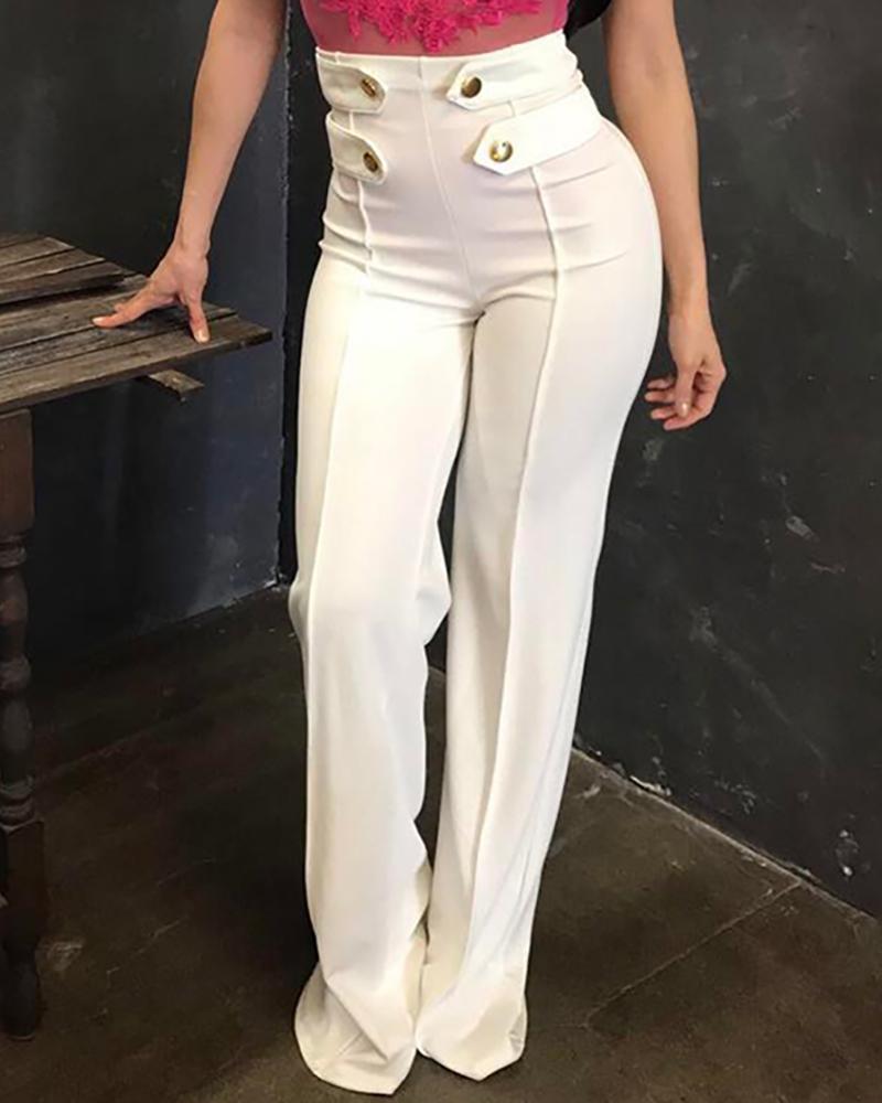 

High Waist Button Design Wide Leg Pants, Beige