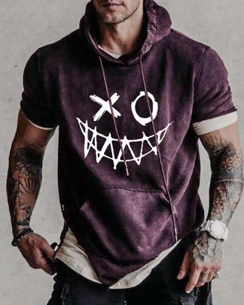 

Graphic Print Short Sleeve Loose Hooded Sweatshirts, Purple