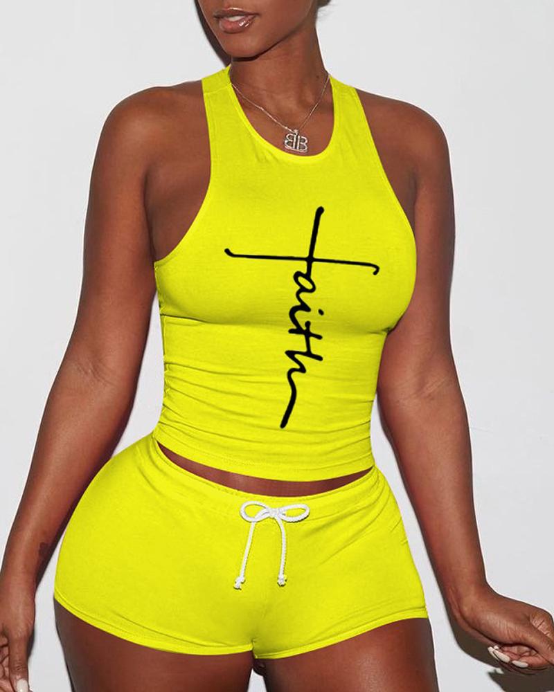 

Letter Print Tank Top & Drawstring Shorts Set, Yellow