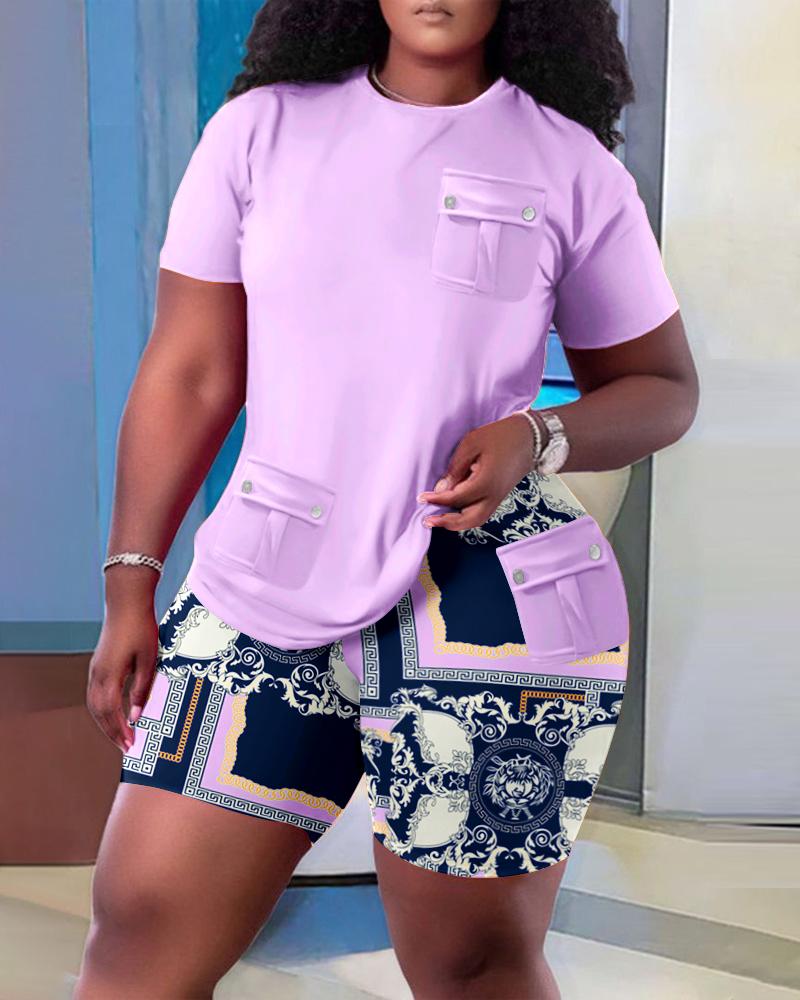 

Plus Size Pocket Design Top & Baroque Print Shorts Set, Purple
