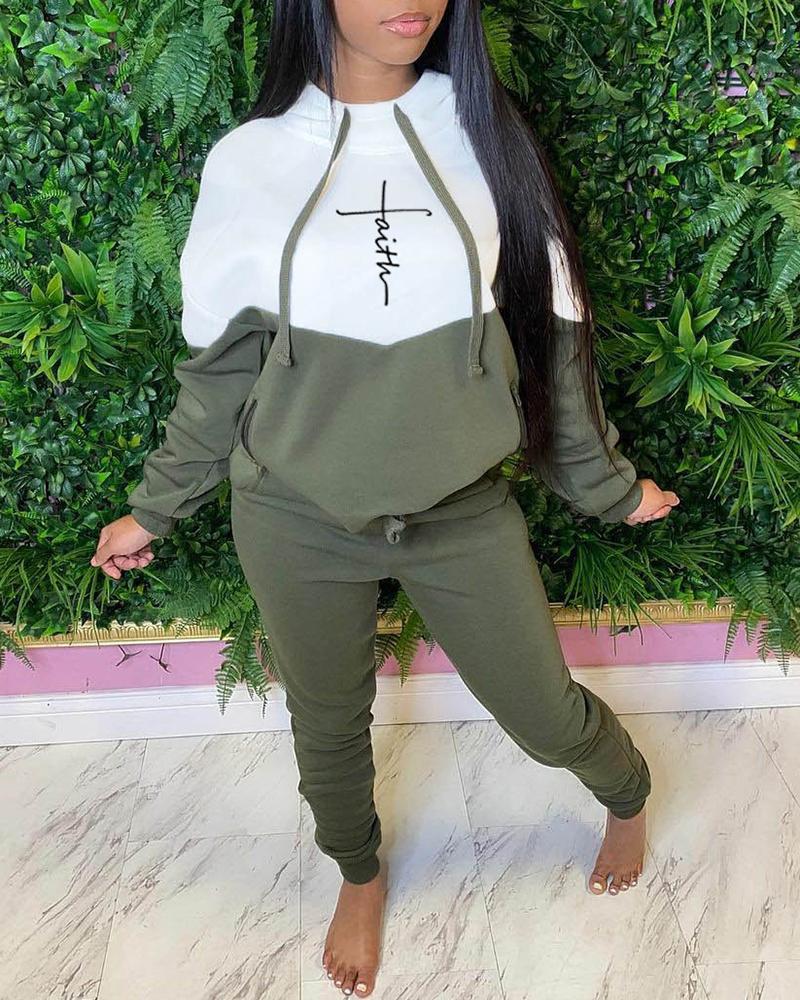 

Colorblock Letter Print Pocket Design Hoodie & Pants Set, Green