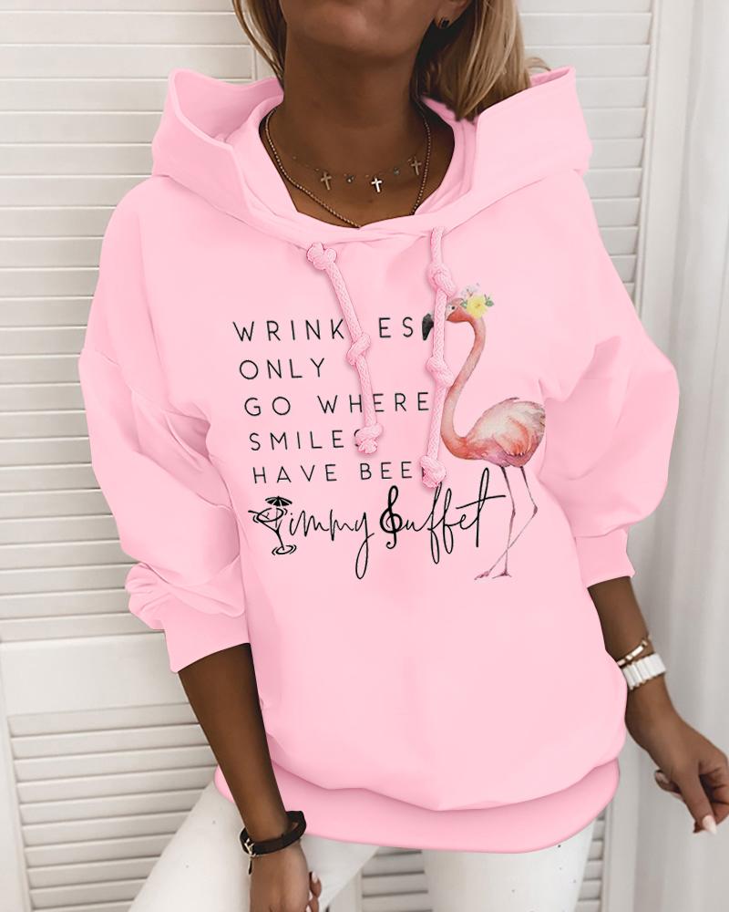 

Flamingo Tropical Letter Print Drawstring Hoodie, Pink