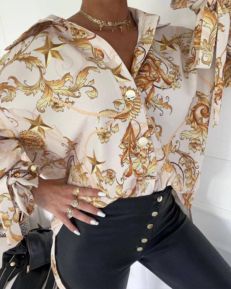 Baroque Print Button Up Knot Detail Top