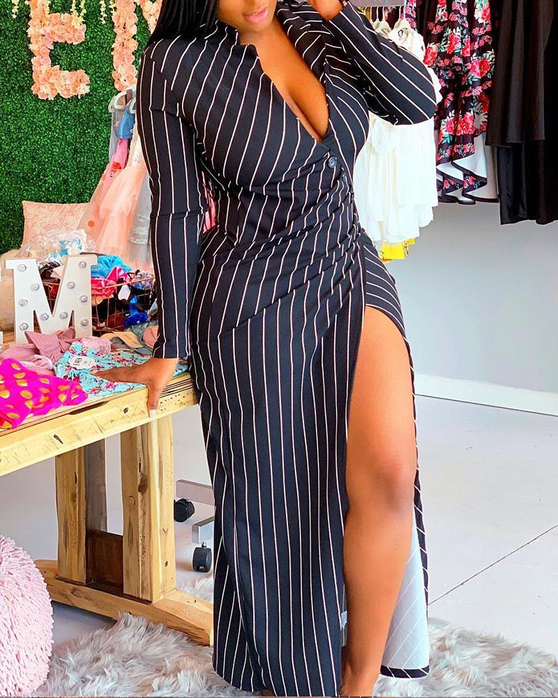 

Plus Size Striped Print High Slit Buttoned Maxi Dress, Black