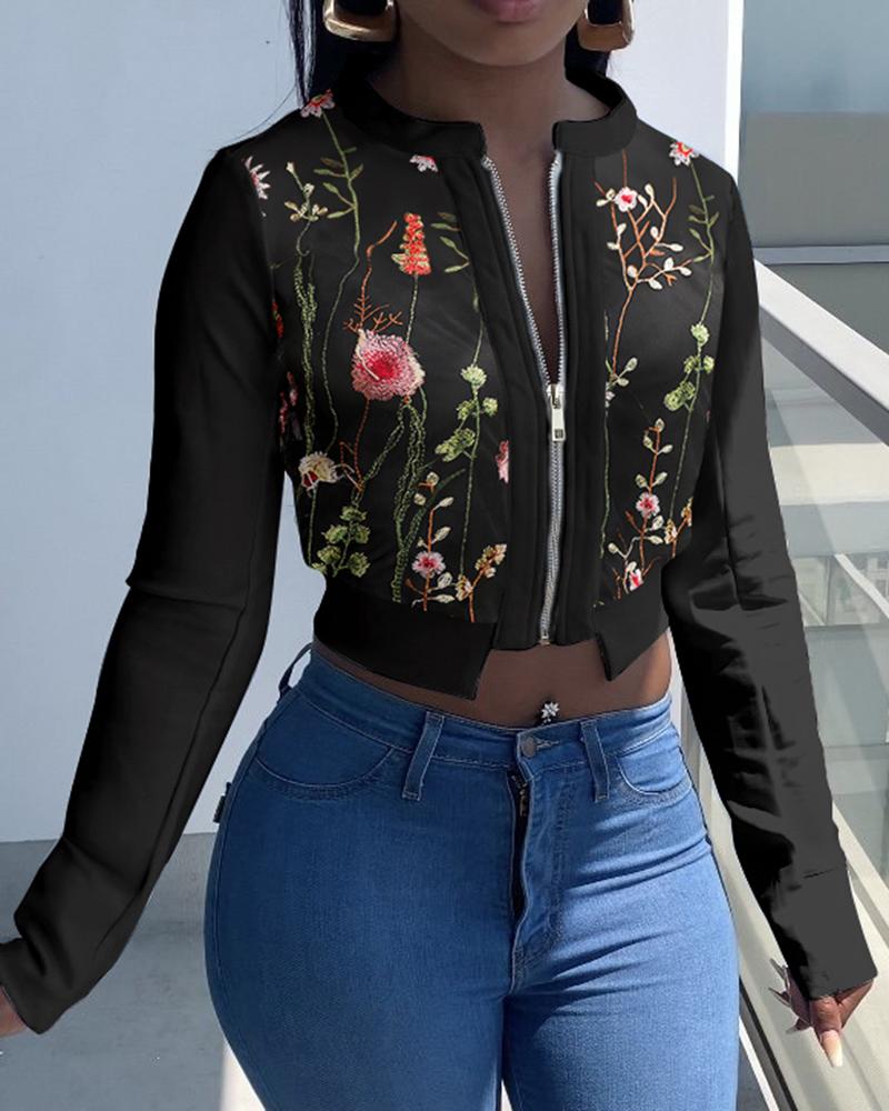 

Embroidery Floral Long Sleeve Zip Up Crop Coat, Green