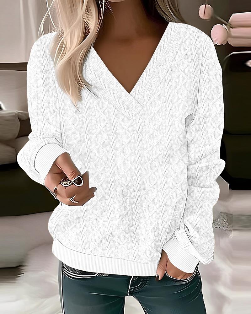 

Long Sleeve V-Neck Cable Textured Top, White