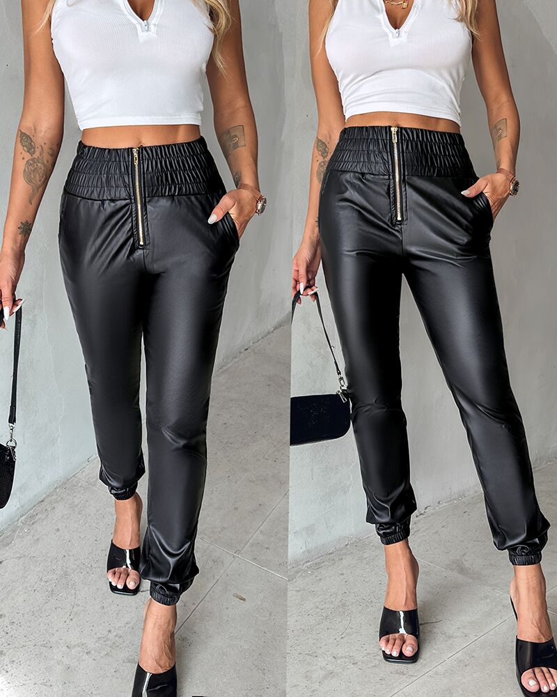 

PU Leather Zip Detail High Waist Cuffed Pants, Black