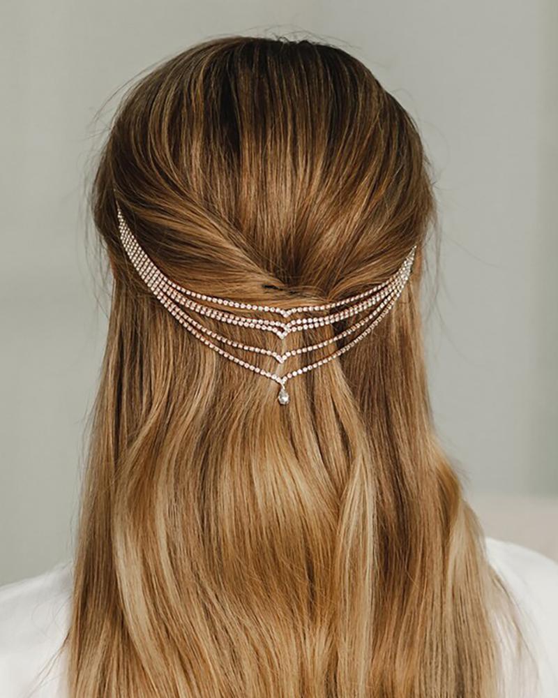 

Sparkling Water Drop Rhinestone Headband Bridal Wedding Hair Chain, Gold