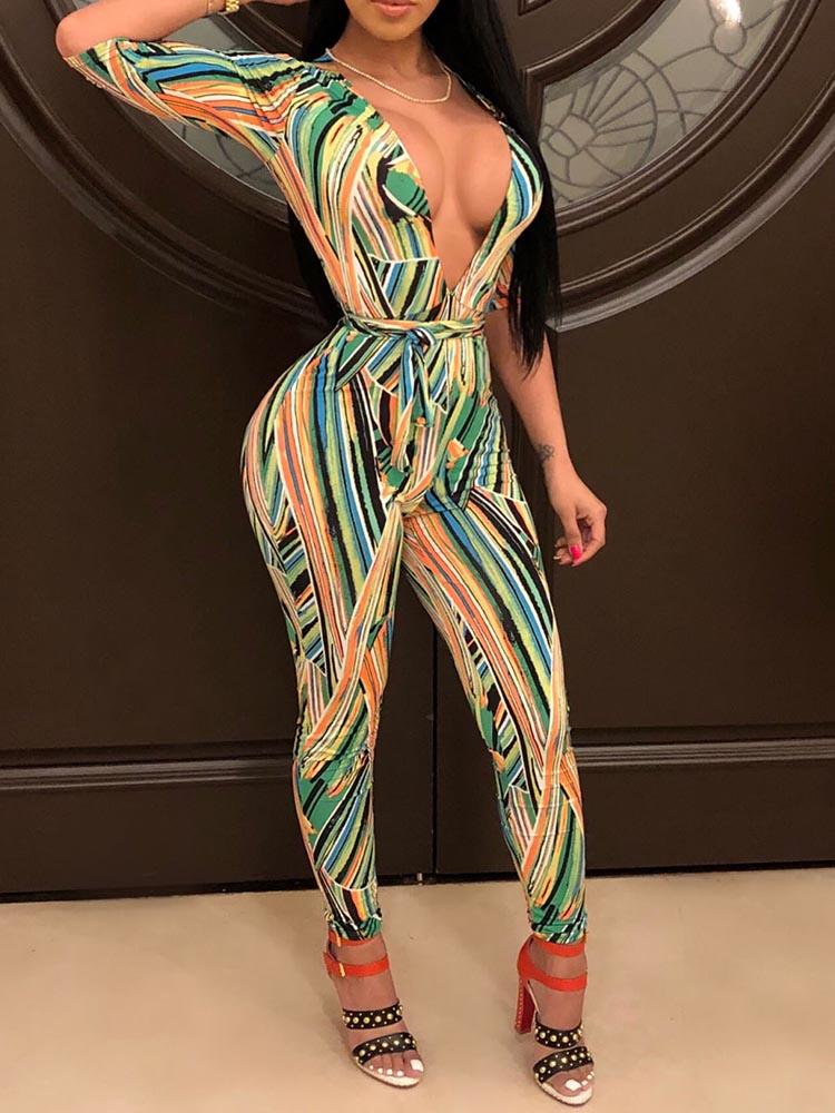 

Mixed Print Plunge Tie Waist Petite Jumpsuit, Multicolor