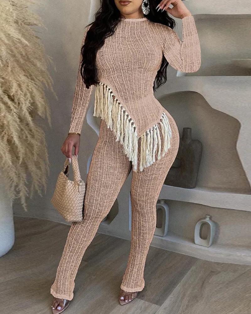 

Tassel Design Textured Top & Pants Set, Apricot