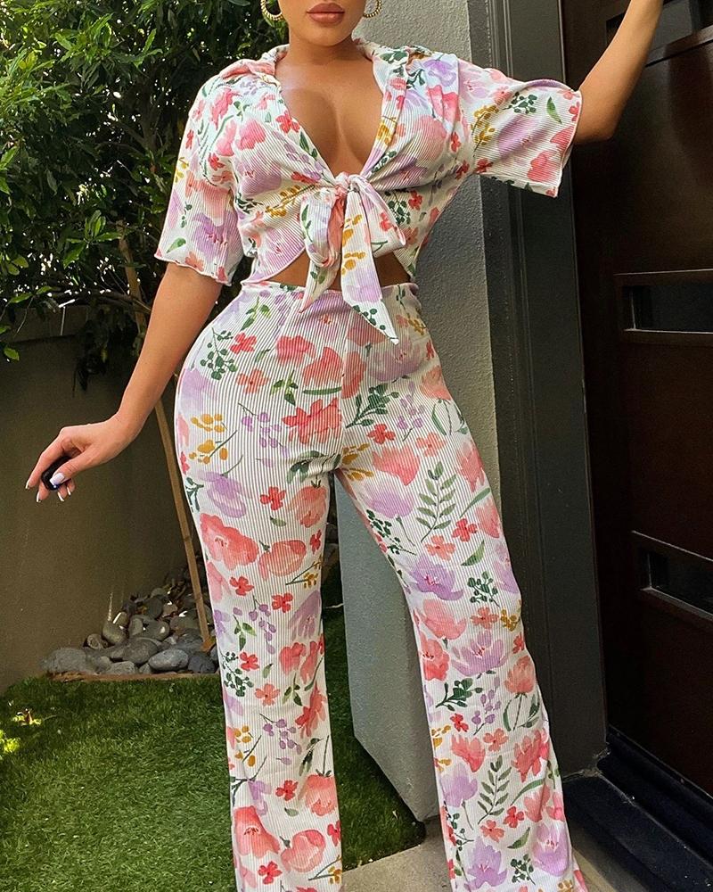 

Floral Plants Print Knotted Top & Pants Set, Multicolor