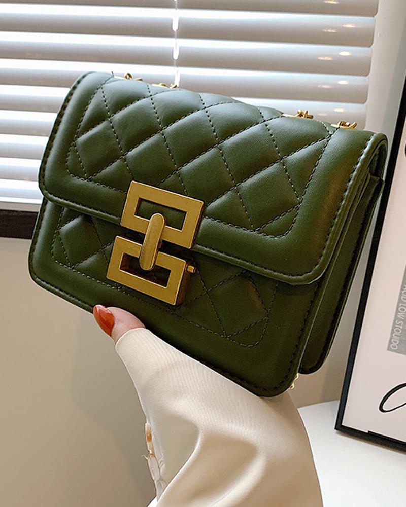 

Quilted Chain Strap Geo Lock Flap Shoulder Bag, Green