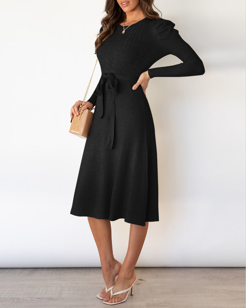 

Puff Sleeve Bowknot Decor Knit Casual Dress, Black