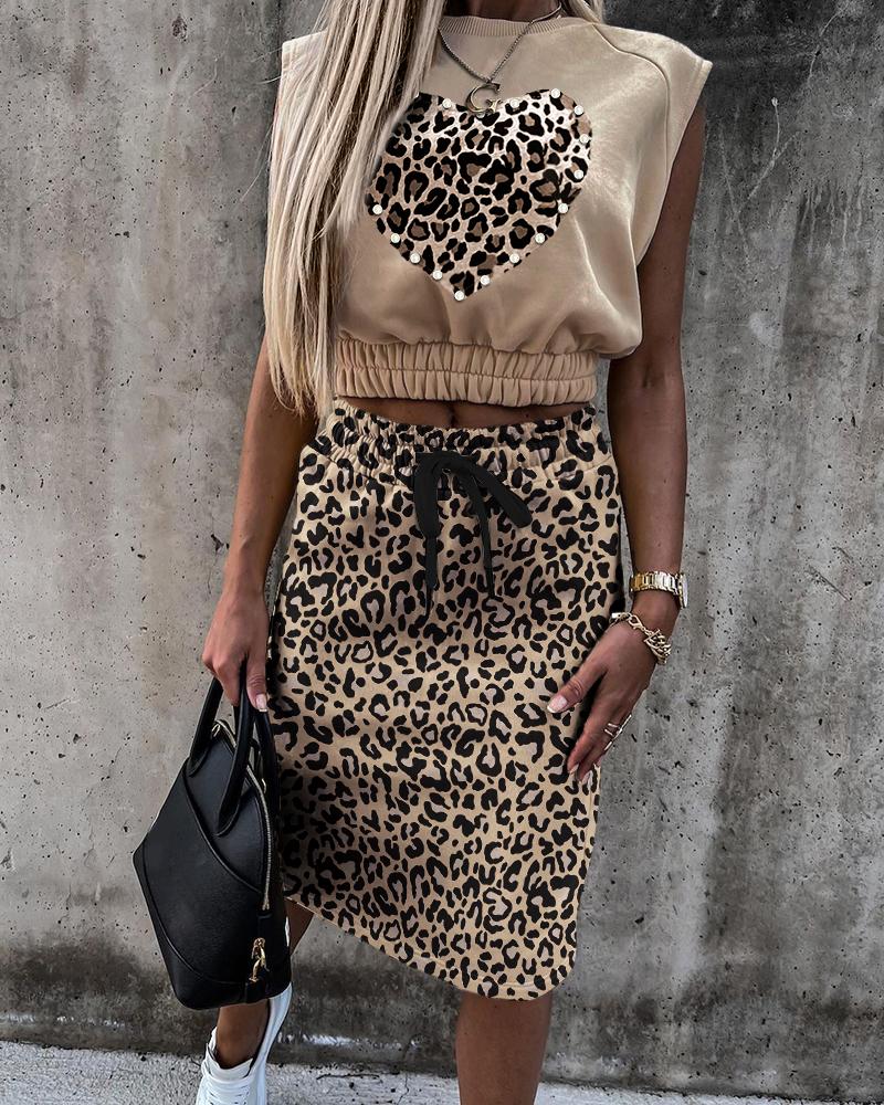 

Leopard Print Sleeveless Top & Skirt Set, Brown