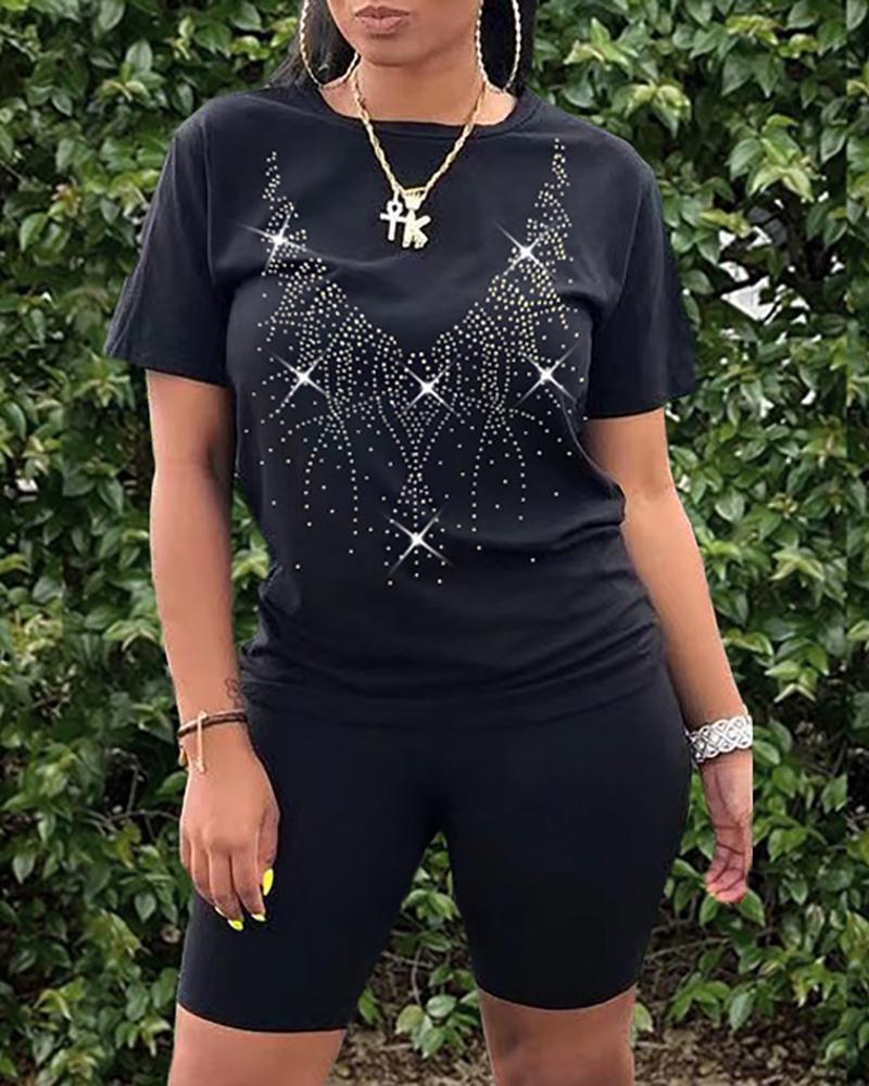 

Studded Design Round Neck Top & Shorts Set, Black