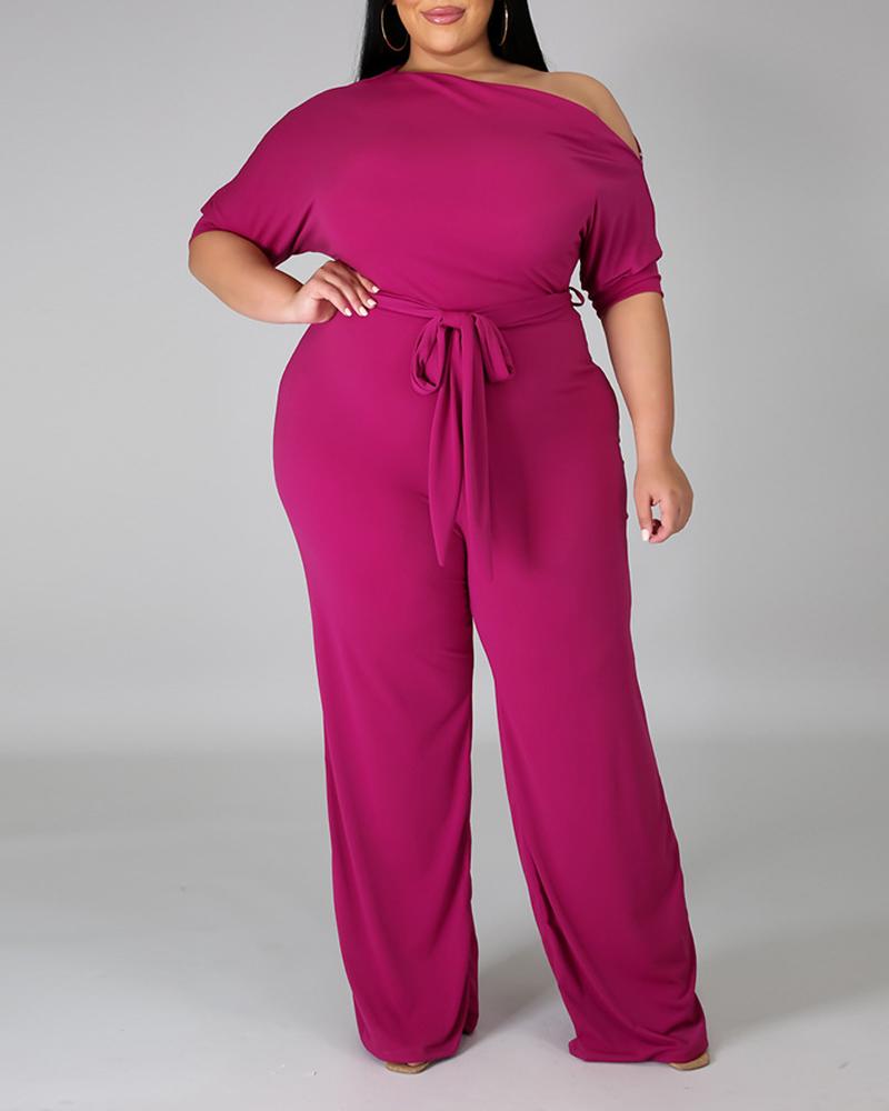 

Plus Size Skew Neck Jumpsuit With Belt, Hot pink