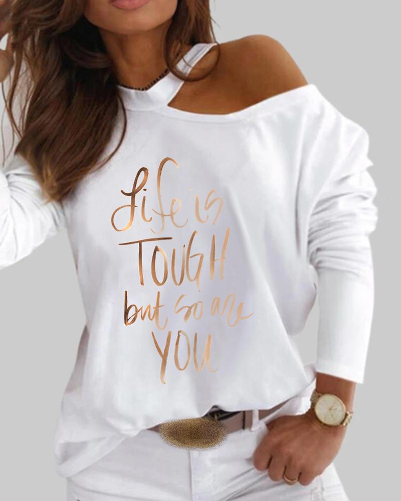 

Letter Print Cold Shoulder Long Sleeve Top, White