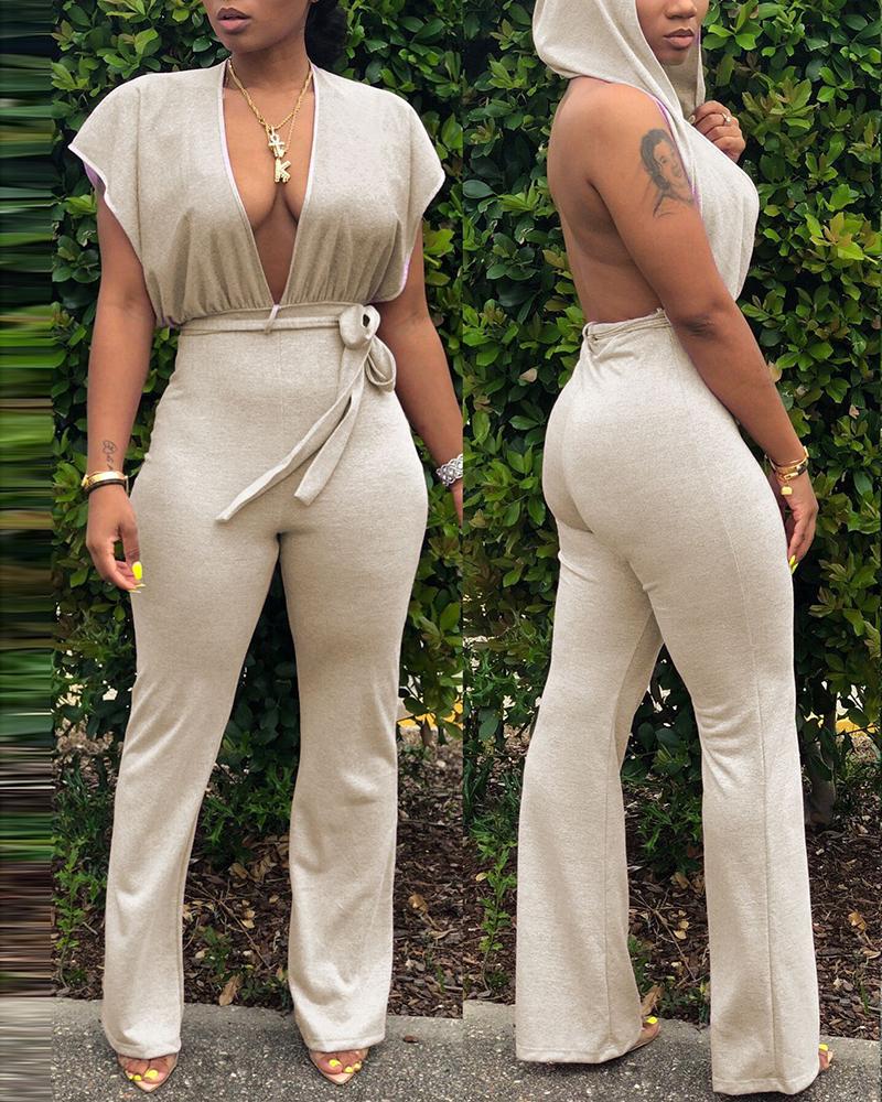 

Hooded Backless Plunge Asymmetrical Jumpsuit, Beige