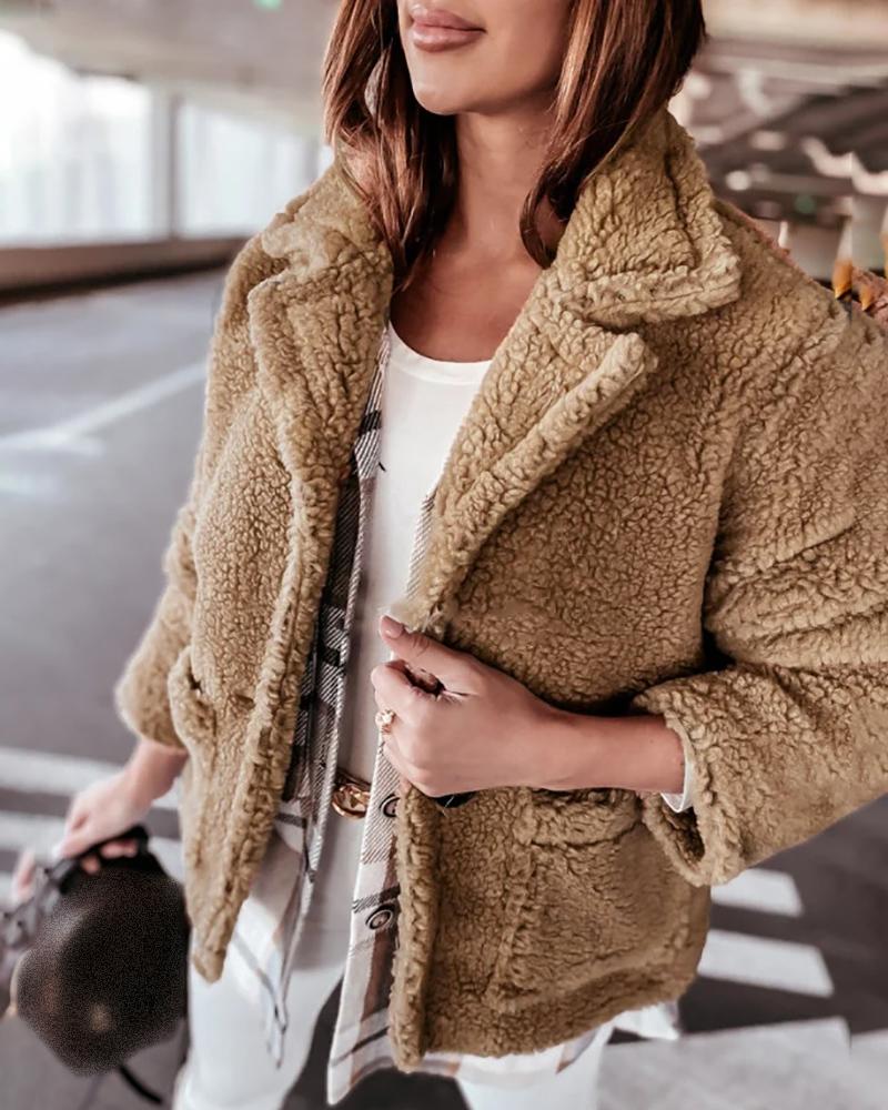 

Pocket Design Long Sleeve Buttoned Teddy Coat, Coffee