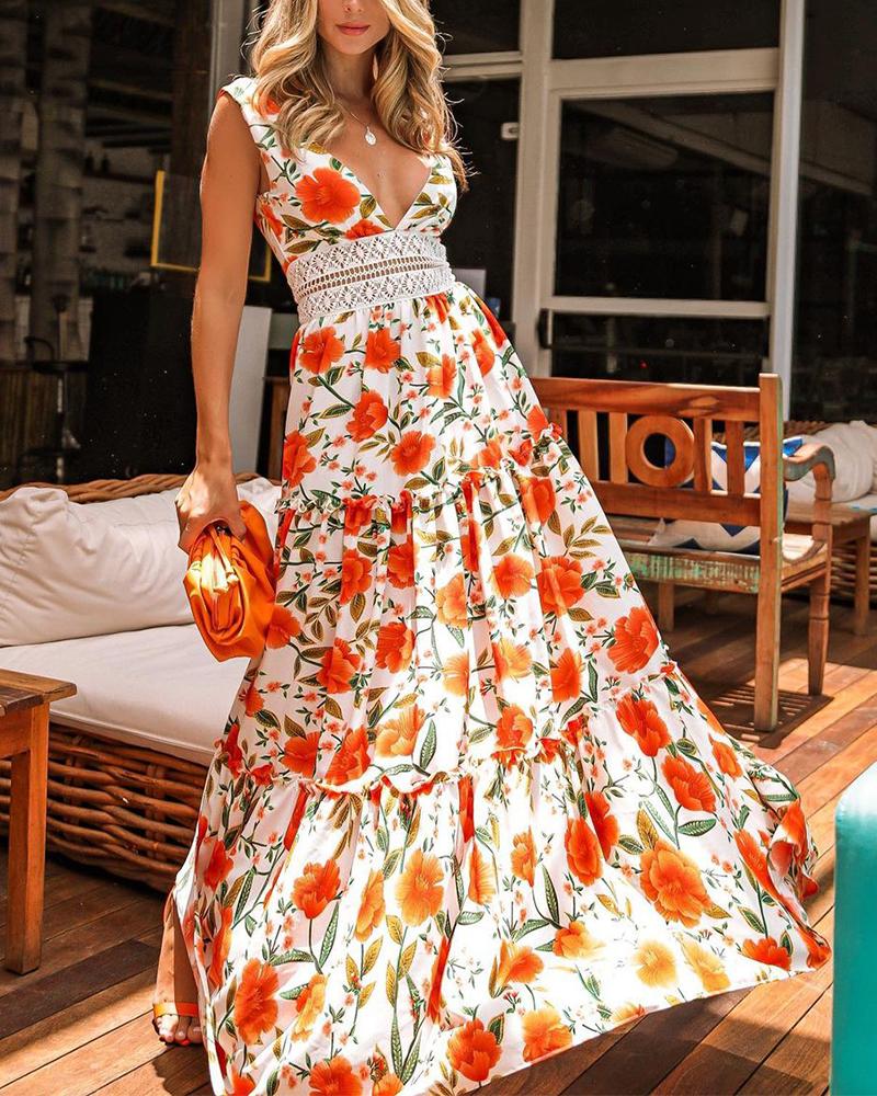 

Floral Print Lace V-neck Patchwork Dress, Multicolor