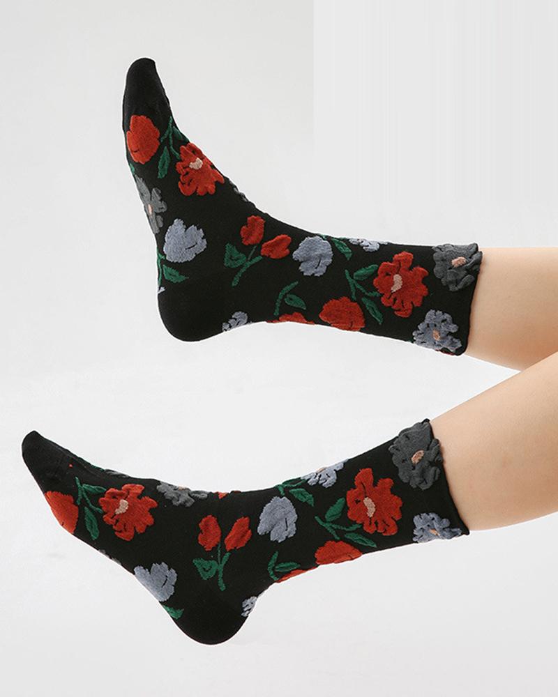 3Pairs/Set Floral Ombre Cartoon Thermal Crew Socks